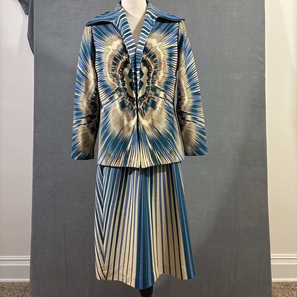 Vintage Skirt Jacket Matching‎ Set Blue Tan Teal Abstract Tie Dye Pattern